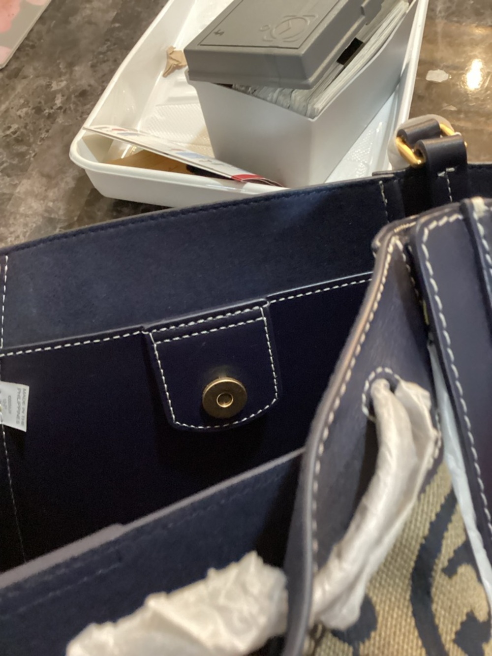 Tory Burch Navy and Cream Logo Drawstring Tote - Picture 3 of 8